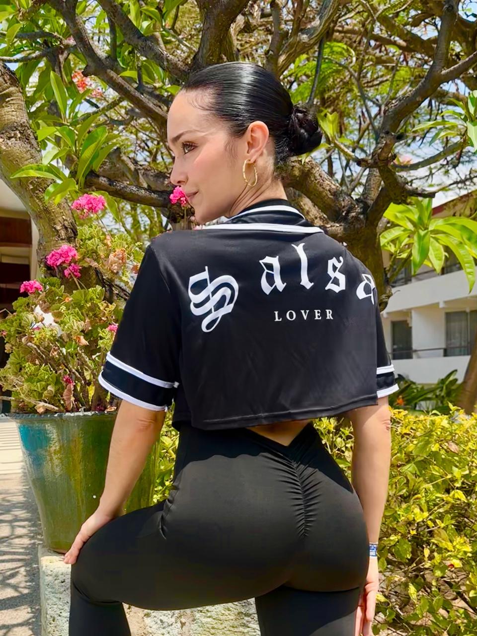 jersey crop top para dama color negro salsa lover vista de espalda alex toledo 8
