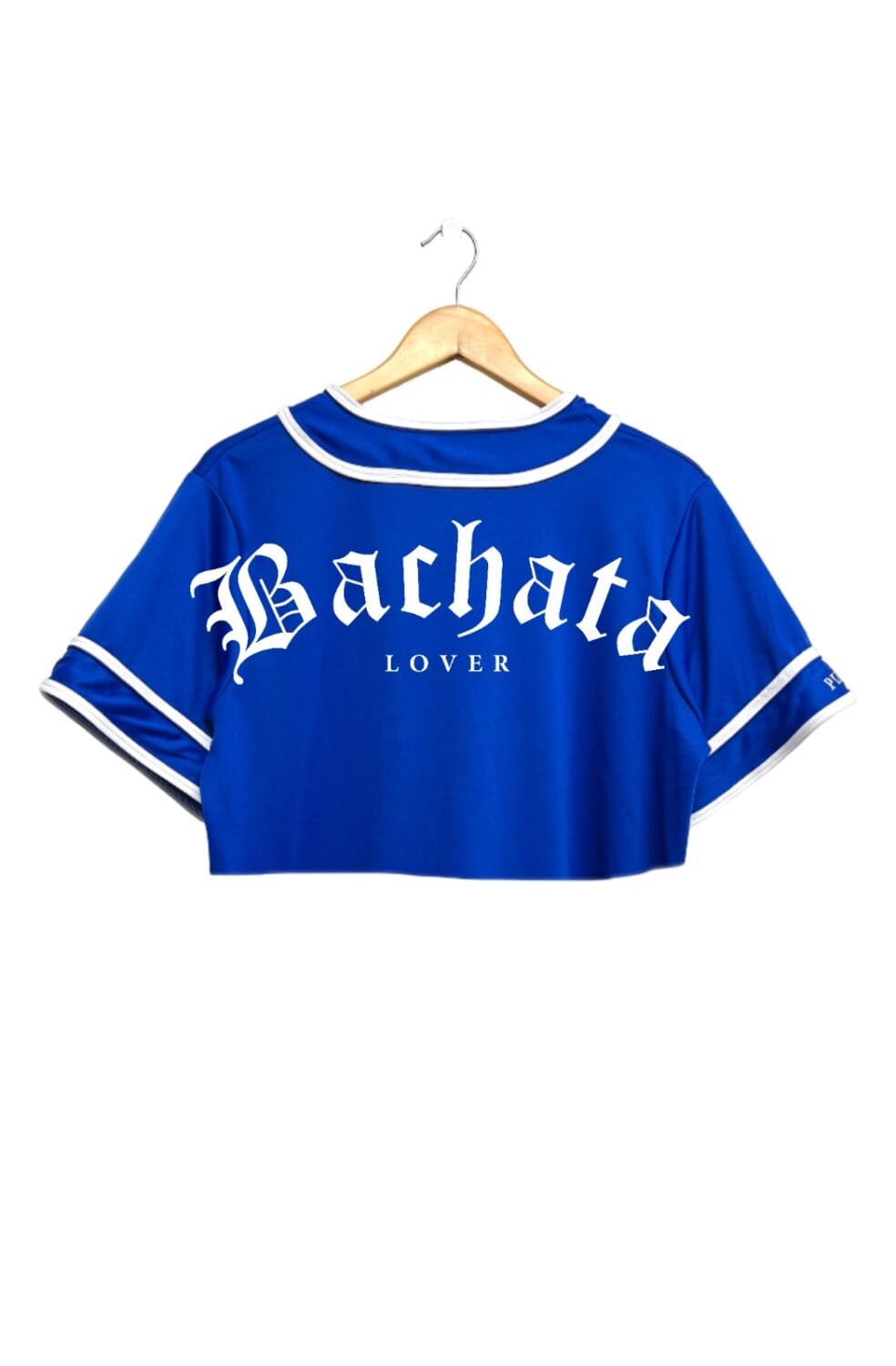 Jersey tipo baseball bachata lover crop top color azul rey vista de espalda 1